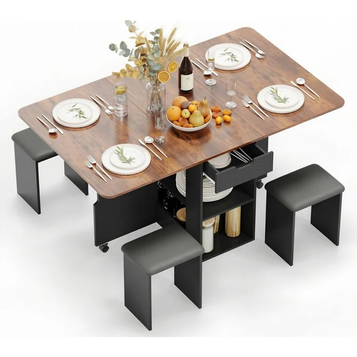 Mondeer Essgruppe Esstisch mit 4 Polsterhocker, Platzsparender Drop-Leaf-Tisch mit 2 Schubladen & Rollen – Bild 3