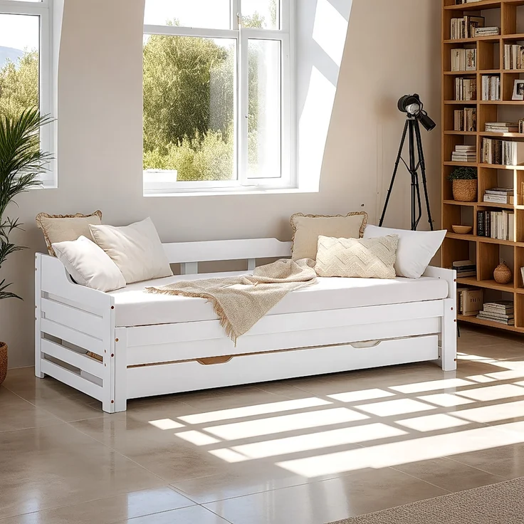 Gästebett Holzbett 90x200 cm mit 2 Matratzen Weiß Stauraum Tagesbett ausziehbar Jugendbett Ausziehbett Bett mit Bettkasten – Bild 8
