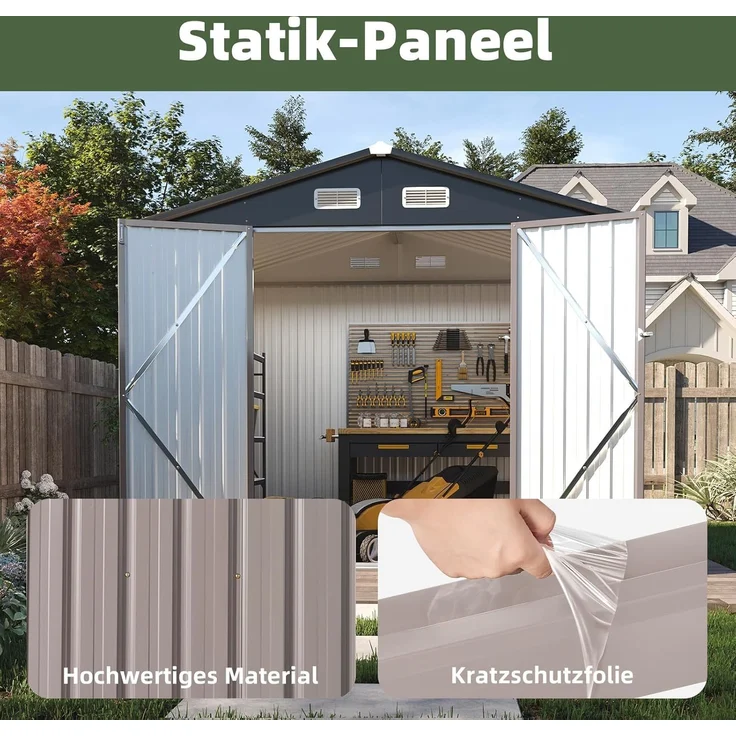 Aoxun Großes Gerätehaus aus Metall 235x171x196cm, wetterfestes Gartenhaus mit Doppeltür & Satteldach, abschließbarer Geräteschuppen für Garten, Hinterhof, Terrasse, Braun – Bild 5
