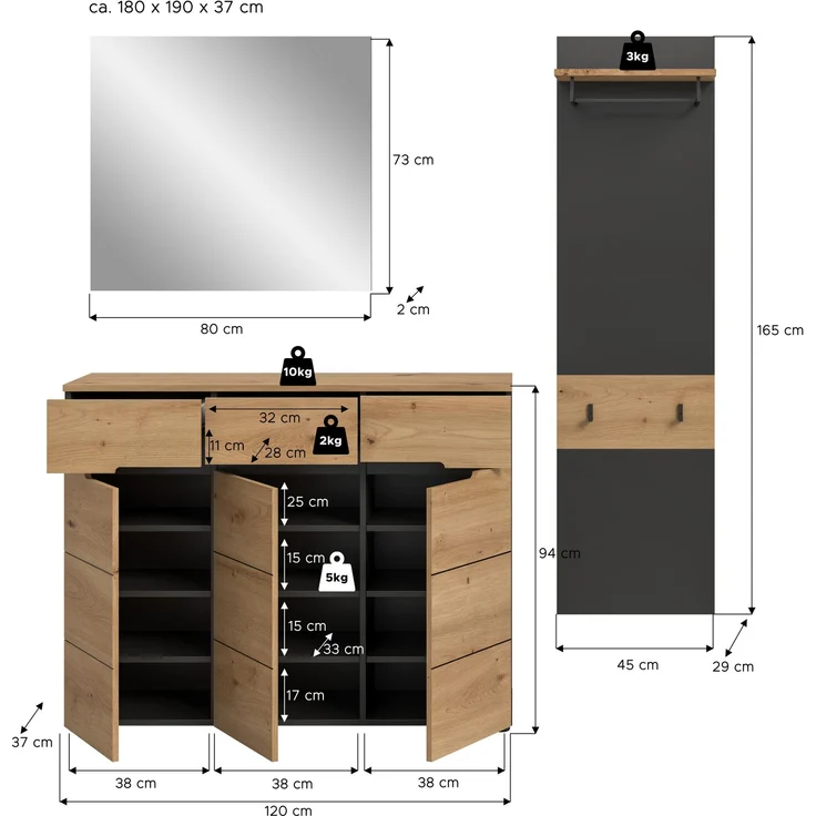 Garderobenkombination (B/H/T: 180x190x37 cm) in Artisan Nachbildung – Bild 4