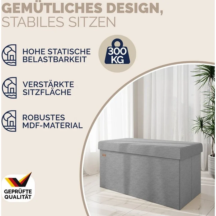 Casaria Sitzbank, Cord Grau Faltbar inkl. 2 Boxen 76x38cm 300kg Belastbarkeit Wohnzimmer – Bild 2