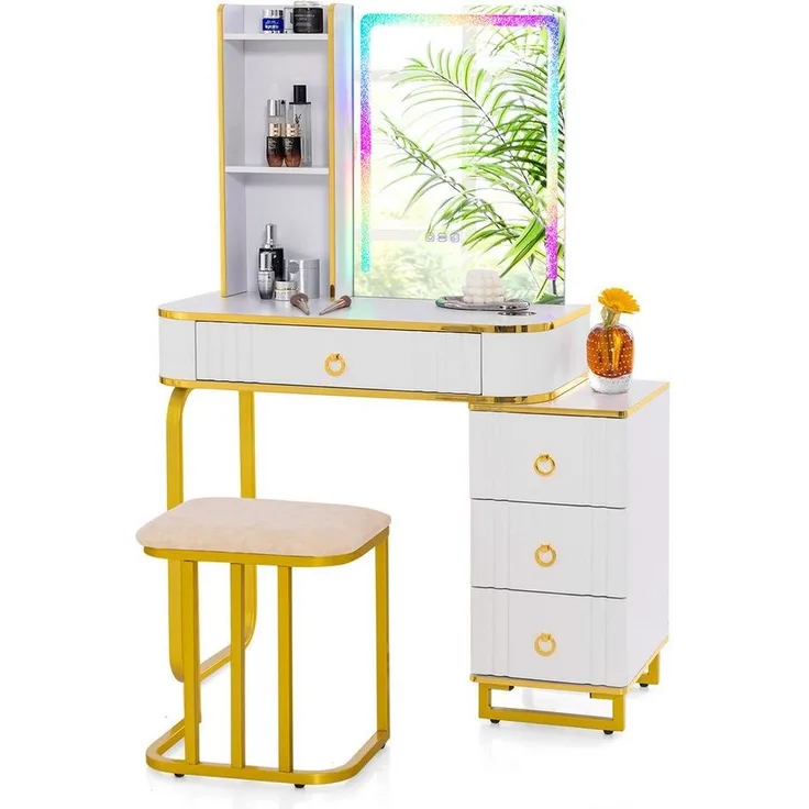 COSTWAY Schminktisch, mit 14 dimmbaren LED-Leuchten, USB-Anschluss, Hocker