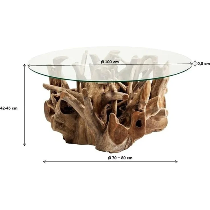 Kare Design Couchtisch Roots, Braun, 100cm Durchmesser, Beistelltisch, Wohnzimmertisch, Massivholz Korpus, ESG-Glas Tischplatte, handgemacht, Unikat, rund, 45 x 100 x 100 cm (H/B/T) – Bild 3