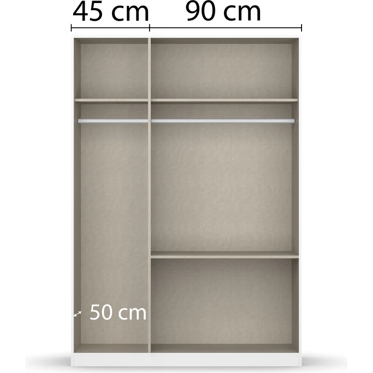 rauch Joel, Kleiderschrank, 3-türig, mit Spiegel, 2 Schubladen, push-to-open, mit 2 Kleiderstangen und 2 Einlegeböden, Farbe Weiß, BxHxT 136x197x54cm – Bild 8