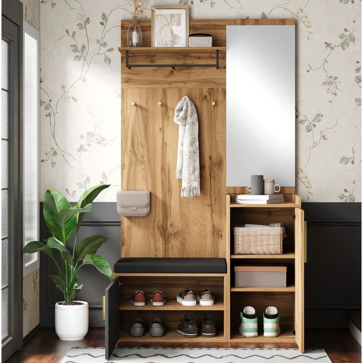 Kompaktgarderobe mit Spiegel, Sitzbank & Schuhschrank, 100x38x185 cm, Natur/Schwarz – Bild 3