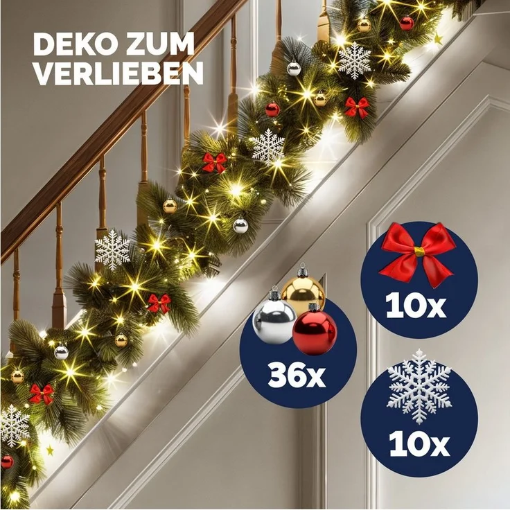 Kunstgirlande, Casaria, Höhe 28 cm, Weihnachtsgirlande Geschmückt 5m 80 LED Warmweiß Innen Außen IP44 – Bild 3