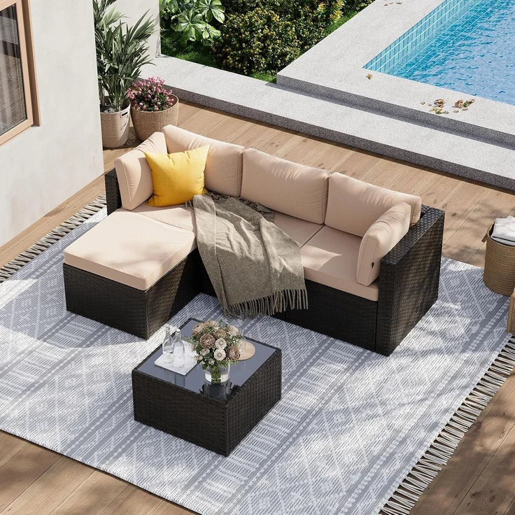 Aoxun Gartenmöbel Set Polyrattan 3-teilig mit 7,5cm dicken Kissen & Glas-Couchtisch, wetterfeste Gartenlounge outdoor mit extra langer 196cm Sitzbank, stabiler Balkon Terrassen Außenmöbel Satz (Khaki) – Bild 7