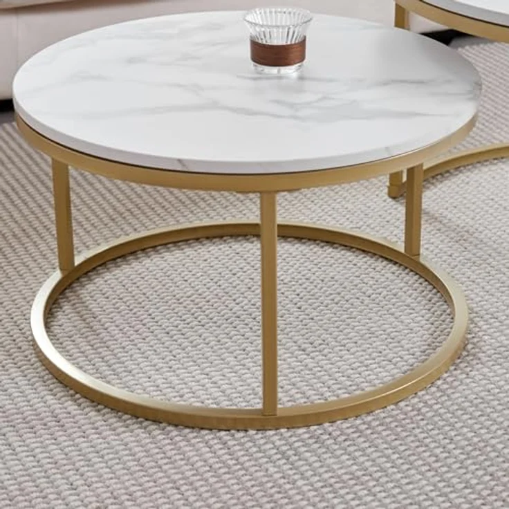 GrandCA HOME Couchtisch 2er Set,Stapelbarer Couchtisch, Couchtische Rund, Marmorierte MDF-Tischplatte, Vergoldete Metallbeine，Geeignet für Wohnzimmer, Esszimmer, Balkon（Ø80x45H cm，Ø60x35H cm） – Bild 7