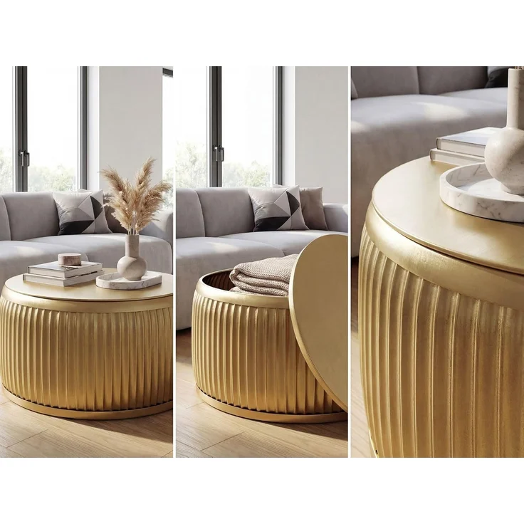 Couchtisch Metall Rund 60cm Gold mit abnehmbarer Tischplatte - Design Wohnzimmertisch mit Stauraum - Extravaganter Loungetisch Metall - Moderner Sofatisch - Beistelltisch Handmade – Bild 6