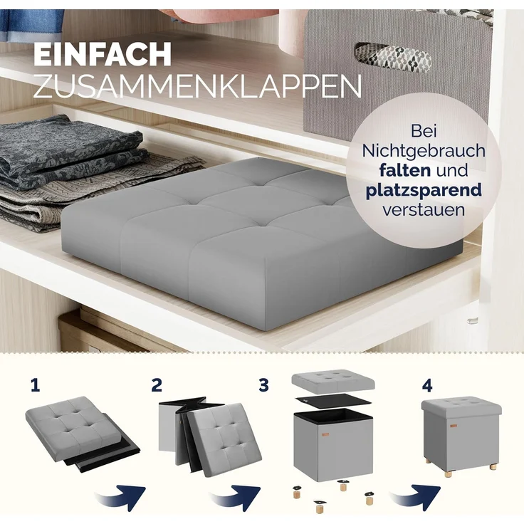 CASARIA® Sitzhocker mit Stauraum, Samt, grau – Bild 7