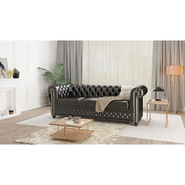 S-Style Möbel Chesterfield-Sofa Jeff 3-Sitzer aus veganem Leder mit Holzfüßen, mit Wellenfederung – Bild 3