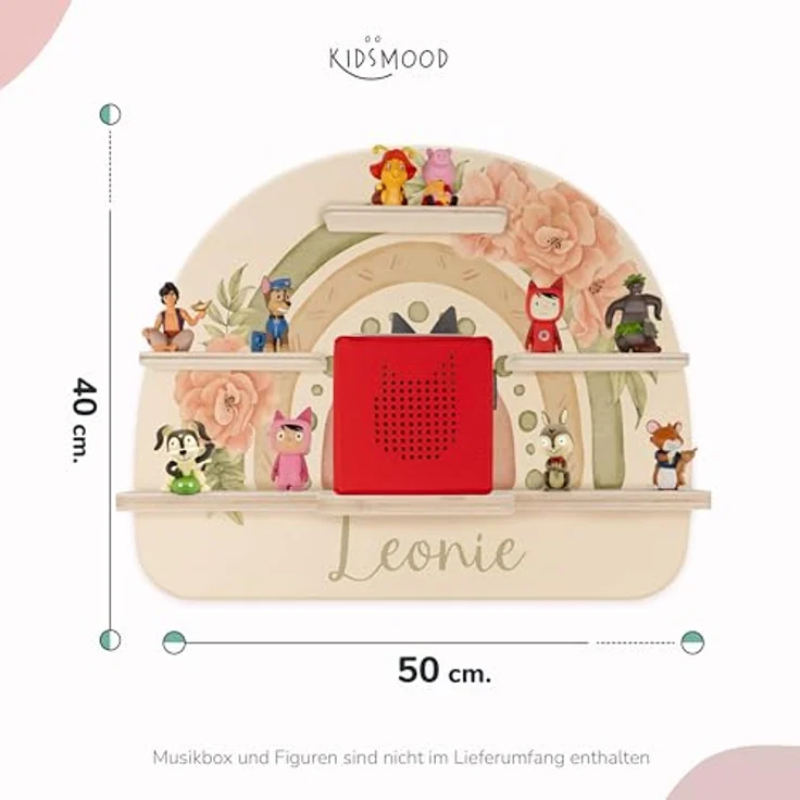 Kidsmood - Tonie Regal Mädchen mit Schutzfolie, Magnetisches Regenbogen Wandregal fürs Kinderzimmer, Aussparung für Ladegerät & Kabel – Geschenk für kleine Prinzessinnen mit Blumen Muster – Bild 3
