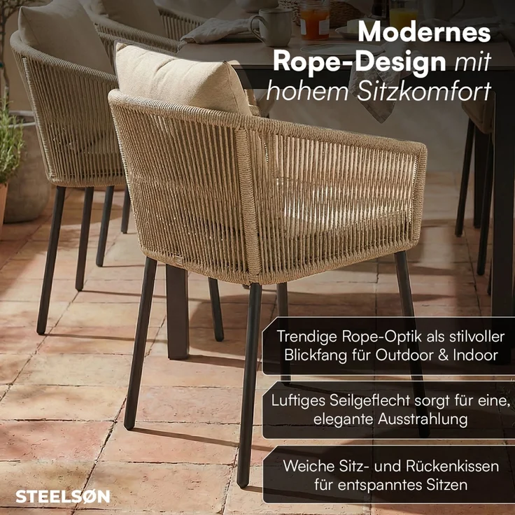 STEELSØN 'Nair' Polyrattan Gartenstuhl, 6er-Set, hellbraun, wetterfest & UV-beständig, Balkonstühle bis 160 kg belastbar, Gartensessel inkl. Kissen – Bild 7