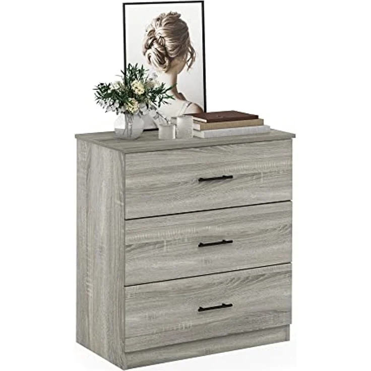 Furinno Tidur Schlichtes Design Kommode mit 3 Schubladen und Griff, Französische Eiche Grau – Bild 5