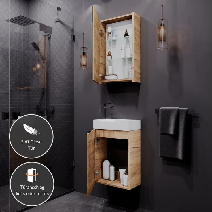 Planetmöbel Badmöbel-Set Badmöbel-Set 40cm mit Spiegelschrank Gold Eiche, (Komplett-Set, 3-St), Badmöbel, Breite 40 cm, Soft-Close-Funktion – Bild 2