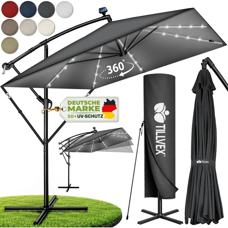 tillvex® Alu Sonnenschirm Rechteckig Ø 330 cm mit LED Solar Anthrazit + Abdeckung mit Kurbel | Ampelschirm mit Ständer & Windschutz | Gartenschirm UV-Schutz, wasserdicht, 360° drehbar | Kurbelschirm Marktschirm