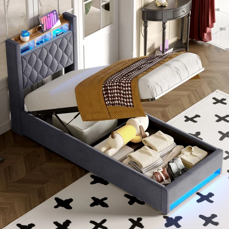 Multifunktionales Polsterbett aus Samt mit LED, USB & Stauraum, ohne Matratze, 90x190 cm, Grau – Bild 2