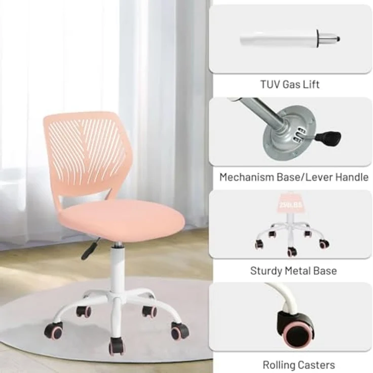 FurnitureR Kinder Schreibtischstuhl, Verstellbarer Höhendrehstuhl mit kleinem Loch Rückenlehne Design, geeignet für Kinderzimmer oder Arbeitszimmer, Rose – Bild 5