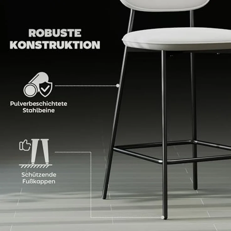 HOMCOM 2er-Set Barhocker, Bistrohocker mit Fußstütze, Barstuhl, Samt-Bezug, Küchenstuhl mit Rückenlehne, Tresenhocker-Set mit Stahlbeinen für Wohnzimmer, Esszimmer, Hellgrau, 45 x 49 x 102 cm – Bild 6
