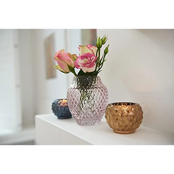 LEONARDO HOME Poesia Tisch-Vase, handgefertigte Deko-Vase in Rosa-Violett, bauchige Form, Kerzen-Halter und großes Windlicht, Höhe 22,5 cm, 018674 – Bild 4