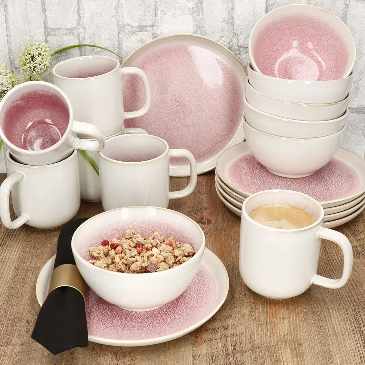 18tlg Frühstücksset Reactive Glaze Paris Steingut Teller Schalen Becher Pink – Bild 6