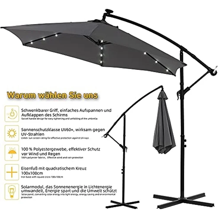 Terrassenschirm Grau Kurbelschirm 350 cm Ampelschirm LED Sonnenschutz Garten Gartenschirm Marktschirm Sonnenschirm Strandschirm 3,5 Meter Aufklappbar – Bild 3