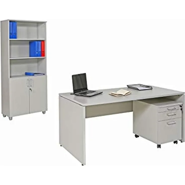 Schreibtisch Set 1 Nuvi, grau Dekor, Bestehend aus: Schreibtisch180 cm, Rollcontainer 3 Schübe & Aktenschrank 190 cm hoch
