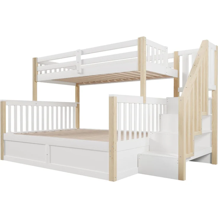 Etagenbett mit 2 Liegeflächen, Stauraum und Rausfallschutz, 90x200cm/140x200cm, Treppe mit Regal, Kinderbett, Jugendbett, Kiefer – Bild 8
