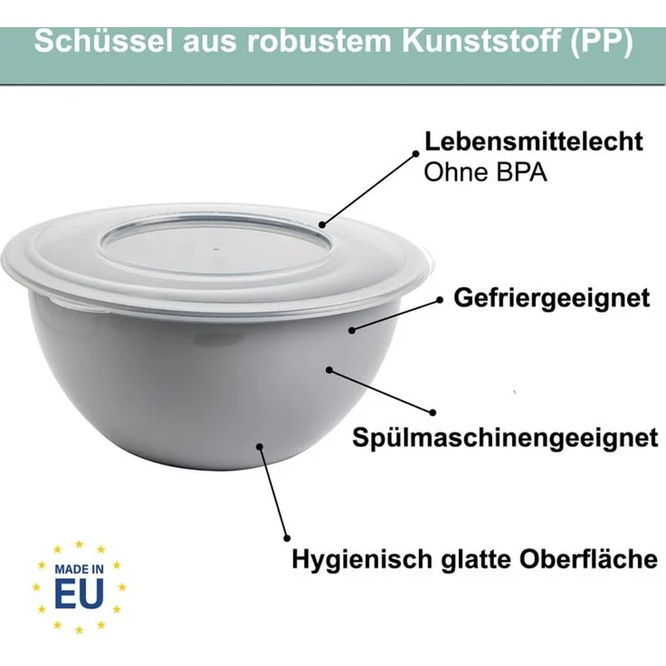 Centi Aufbewahrungsschüssel Schüssel mit Deckel 5l Rührschüssel Set grau, Kunststoff, (2er-Set) – Bild 3