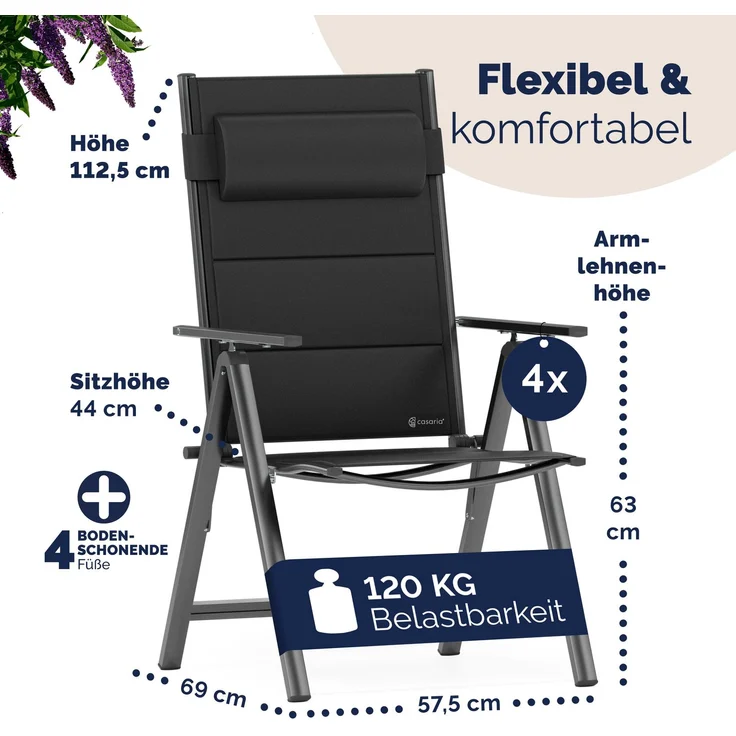 CASARIA® Alu Gartenstühle 4er Set Gepolstert 8-Fach Verstellbar Anthrazit – Bild 7