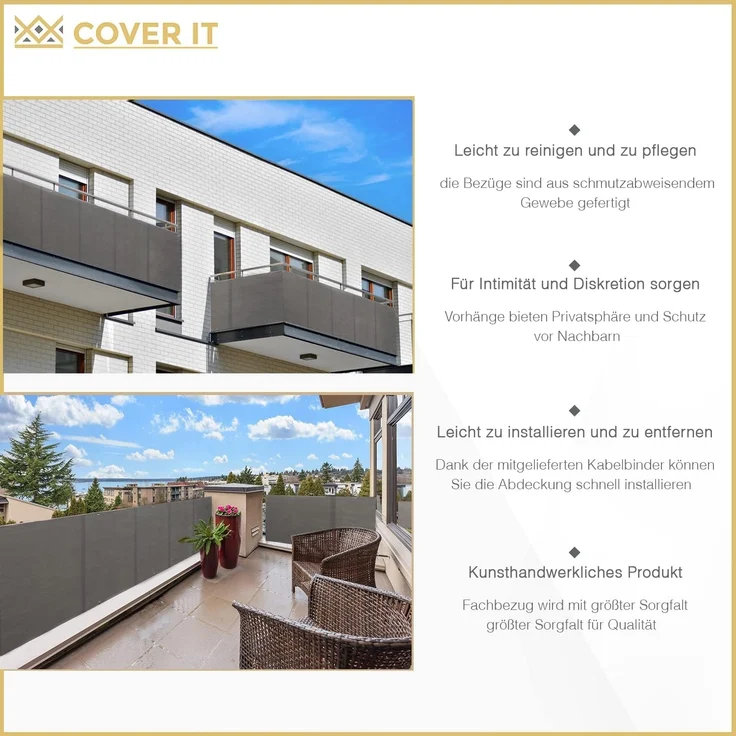 COVER IT Balkon Sichtschutz Ohne Bohren Balkonsichtschutz Graphit mit Ösen 95x600 cm Sichtschutz Balkon Ohne Bohren - Sichtschutz für Balkon Terrasse - Sichtschutz Balkongeländer – Bild 5