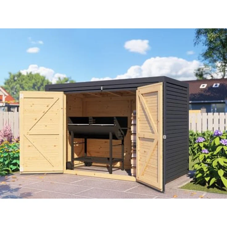 Bertilo Geräteschrank, 103 x 207 x 143 cm, anthrazitgrau, aus nordischer Fichte, für Gartenutensilien und Fahrräder – Bild 4