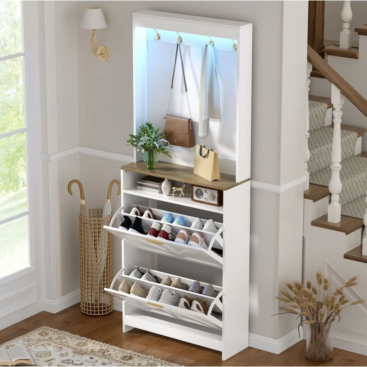 Schuhschrank mit LED-Beleuchtung, 2 Klappfächer & Haken, 70x24x180 cm, Weiß/Naturfarben – Bild 1