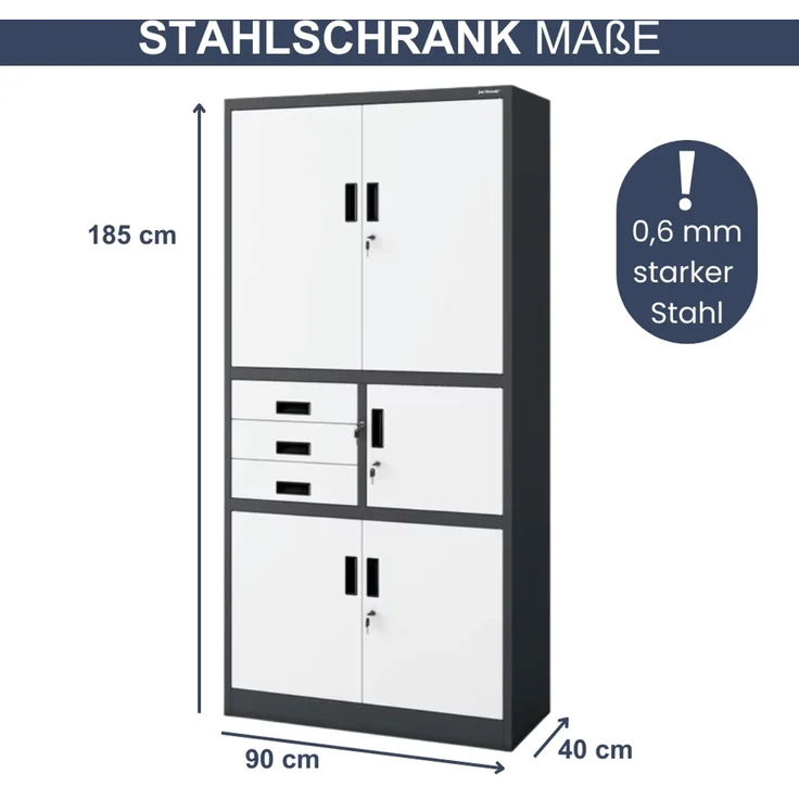 Aktenschrank abschließbar GEDO - mit Tresor & Schubladen| Büroschrank aus Stahl Metallschrank Werkstatt Mehrzweckschrank Werkzeugschrank, 185x90x40cm Anthrazit-Weiß – Bild 2