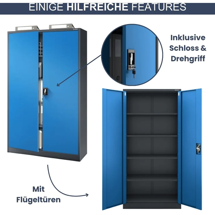 Aktenschrank abschließbar KADO - 5 Ebenen verstellbar, Flügeltüren | Metallschrank Werkstatt Mehrzweckschrank Büroschrank aus Stahl Werkzeugschrank, 185x115x40cm Anthrazit-Blau – Bild 5
