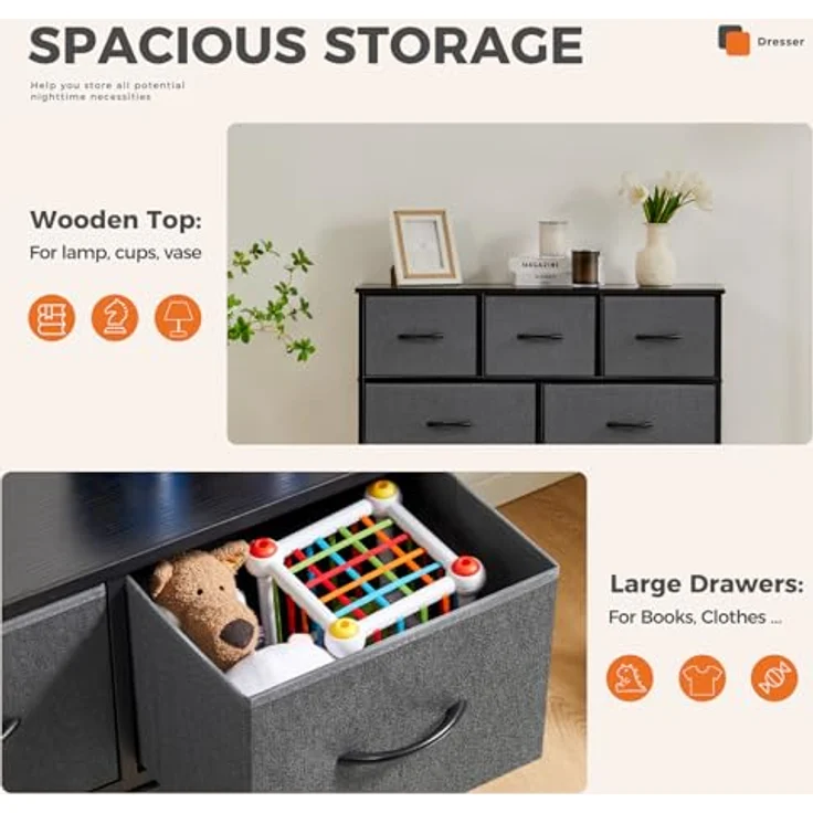 Sweetrcrispy Sweetcrispy Kommode für Schlafzimmer mit 9 Stoffschubladen, Grau, Standatd – Bild 5