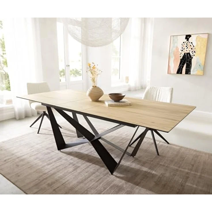 Esstisch Edge 180-220x100 Keramik Laminam® Sabbia Eichefarbig Spider Flachstahl Schwarz ausziehbar – Bild 4