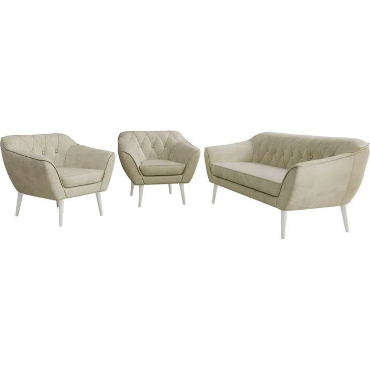 Wohnzimmerset PIRS 1-1-3, Skandinavisches 3-Sitzer Sofa mit Sesseln, Sofa mit Wellenfederung, weiße Füße, Skandinavisches Möbelset - Beige Velvet – Bild 7