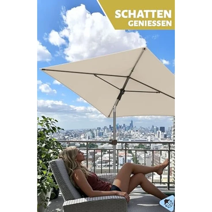 Menz Sonnenschirm Balkon - 3-IN-1 Sonnenschutz Balkon SET in Beige, UPF 50+ Sonnenschirm rechteckig 200x125 cm + kompakter Sonnenschirmhalter Balkongeländer + Sonnenschirmhülle – Bild 4