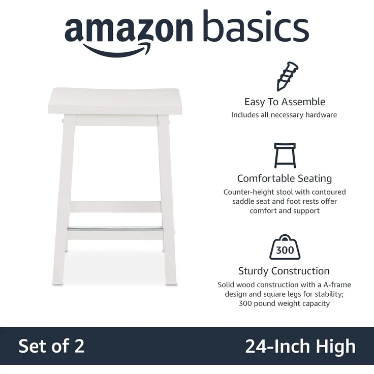 Amazon Basics Hocker für Küchentheke, Sitzfläche aus Massivholz, 61 cm hoch, Weiß, 2 Stück – Bild 4