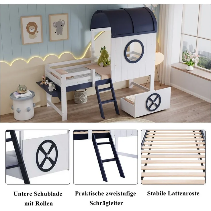 Merax Hochbett (Etagenbett Jugendbett Hausbett Einzelbett, 1-St, Kieferholz) Kinderbett 90x200 cm mit Dach Fenster Schublade Schrägleiter Regal – Bild 3