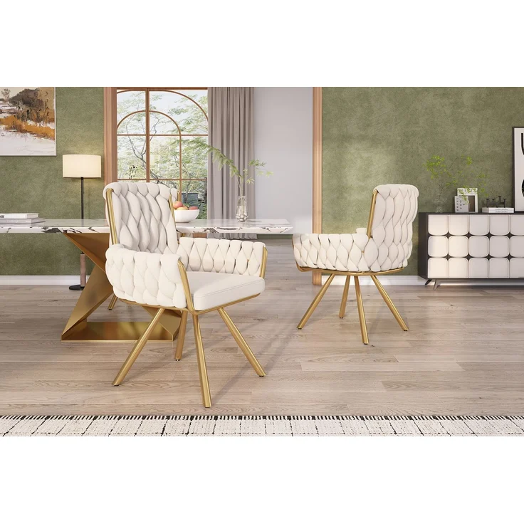 Merax Samt-Esszimmerstuhl, 4er set, Sessel, einzelner luxuriöser Wohn- und Schlafzimmer-Drehstuhl, Freizeit-Drehstuhl mit vier Stützbeinen aus Metall, beige – Bild 8