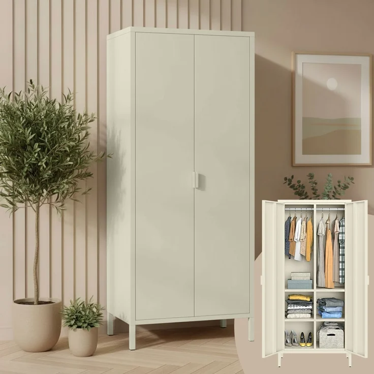 skølm 'Ituri' Kleiderschrank, Metall, 170x45x80 cm, beige, Garderobe mit 4 Fächern und 2 Kleiderstangen – Bild 1