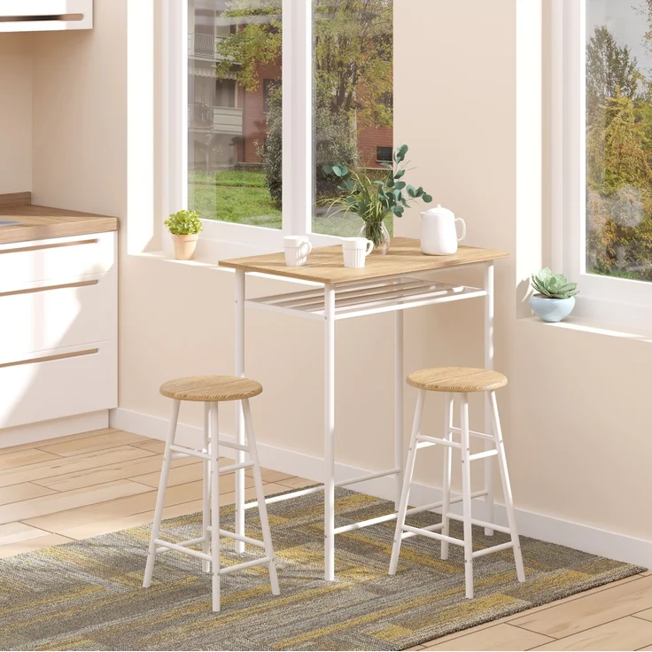 Bartisch-Set 80 x 50 x 90 cm mit 2 Hockern und Ablagefach – Essgruppe aus MDF und Metall in Weiß – Bild 1