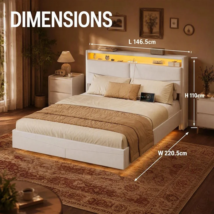 Halupeit Bettgestell mit cremefarbenem Leinenbezug, Stauraum im Kopfteil, stimmungsvoller LED-Beleuchtung und integrierter Steckdosenleiste; 220,5 x 110 x 146,5 cm. – Bild 4