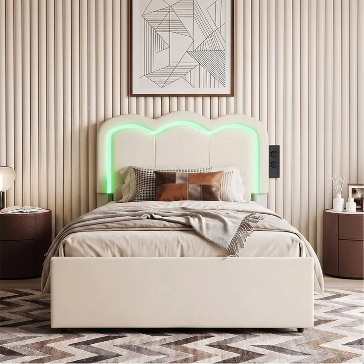 oyajia Polsterbett Kinderbett Stauraumbett, Ladestation & LED-Beleuchtung,PU-Kunstleder (Kopfteil hochstellbar, 4 Schubladen), Modernes Jugendbett, Leises Design Bett, Max. Belastbarkeit 350 kg – Bild 2