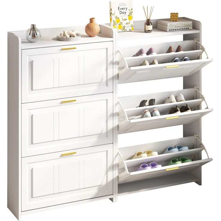 Schuhschrank Set 2-teilig 70x24x120 cm Weiß 2 Klapptüren pro Schrank Ablagefläche – Bild 7