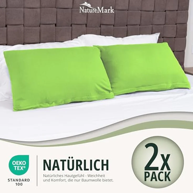 NatureMark 2er Pack Jersey Kissenbezug Kissenhülle Kissenbezüge Seitenschläferkissen Nackenkissen viele Größen und Farben ÖKO-TEX (40x60 cm (Nackenkissen geeignet), Apfel grün) – Bild 7