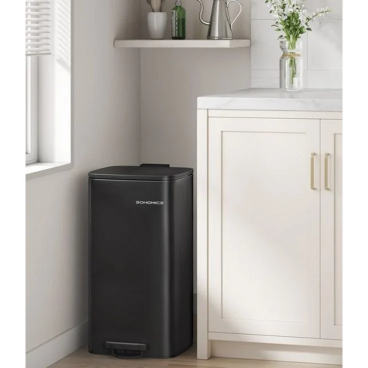 Songmics Mülleimer mit Inneneimer, Softclose & Offenhaltefunktion, Stahl tintenschwarz, 34 x 28,5 x 54,4 cm, 30 Liter – Bild 1