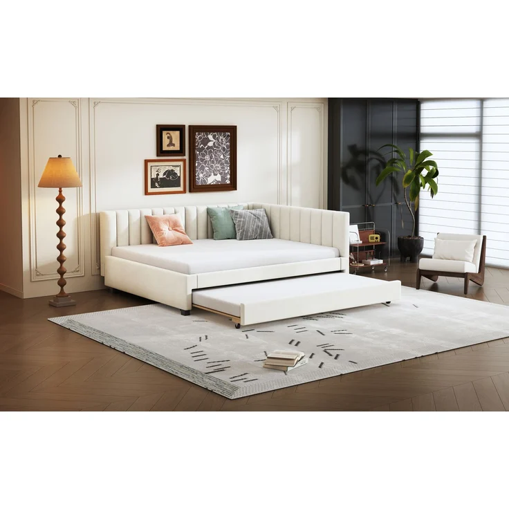 Polsterbett 140*200, Ausziehbares Schlafsofa, Multifunktionsbett mit Lattenrost, Jugendbetten Kinderbetten Gästebetten, Samtstoff Beige – Bild 2